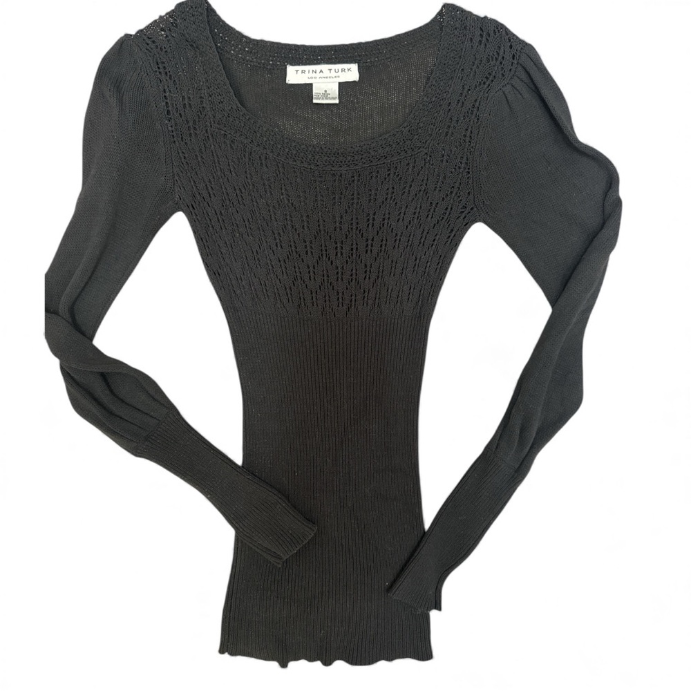 Trina Turk Small Black Long Sleeved Knit Lightweight Sweater Round Neck Smocked